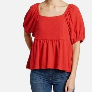 Madewell Red Peplum Puff Sleeve Blouse